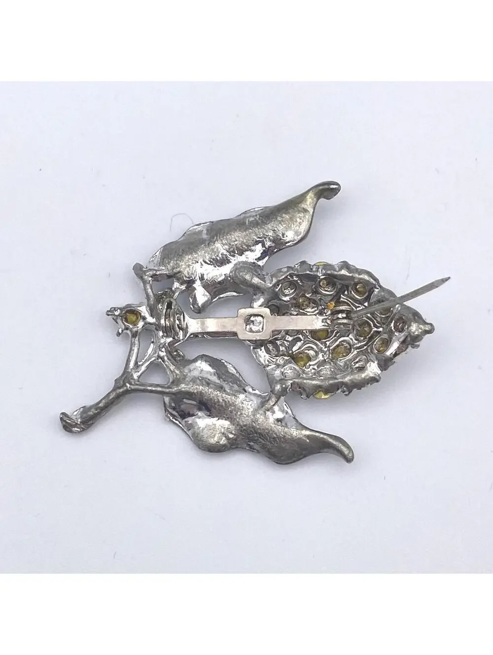 Ornate Vintage Silver Tone and Clear Rhinestone Grape Cluster with Leaves.